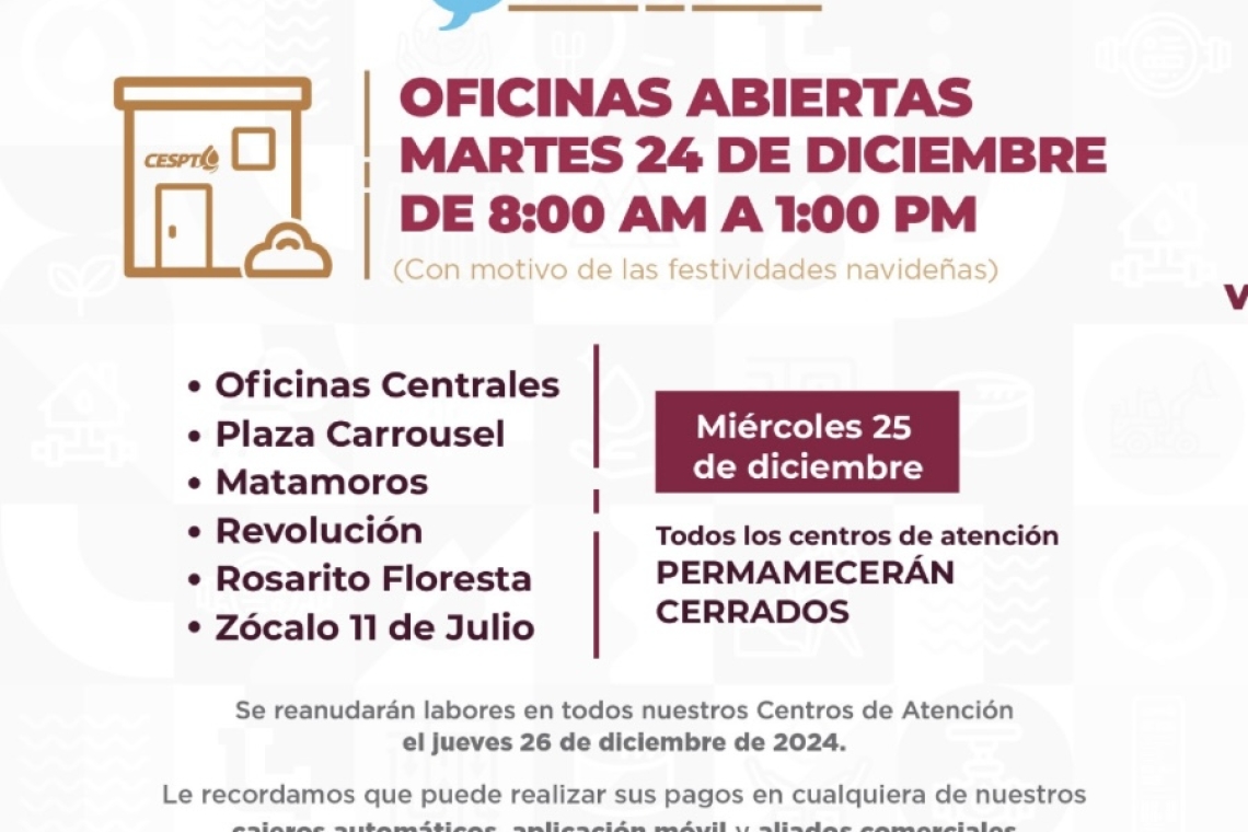 Cespt informa sobre los centros de atención abiertos este 24 de Diciembre 